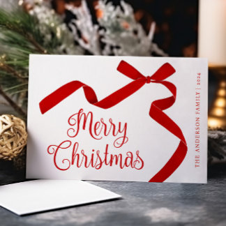 Vrolijke kersttypografie Red Bow Feestdagenkaart