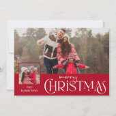 Vrolijke kersttypografie Red Two-Photo Feestdagenkaart (Voorkant)