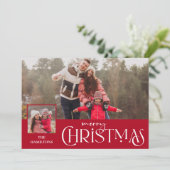 Vrolijke kersttypografie Red Two-Photo Feestdagenkaart (Staand voorkant)