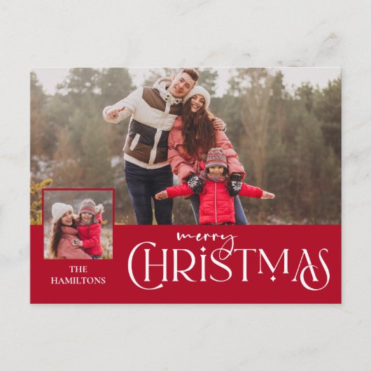 Vrolijke kersttypografie Red Two-Photo Feestdagenkaart (Voorkant)
