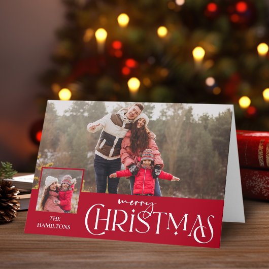 Vrolijke kersttypografie Red Two-Photo Kaart