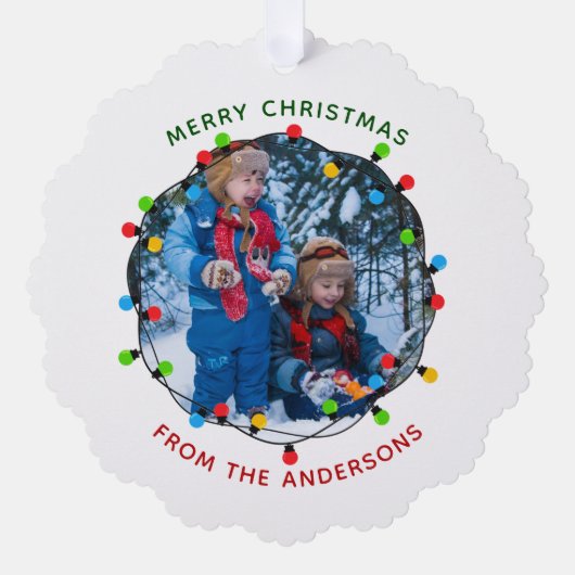 Vrolijke kerstverlichting foto rood groen van fami ornament kaart (Voorkant)