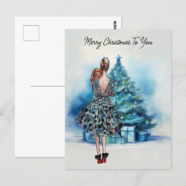 Vrolijke kerstvrouw en blauwe kerstboom briefkaart