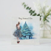 Vrolijke kerstvrouw en blauwe kerstboom kaart (Staand voorkant)