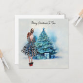 Vrolijke kerstvrouw en blauwe kerstboom kaart (Voorkant / Achterkant in situ)