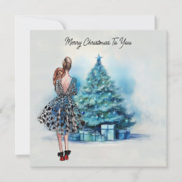 Vrolijke kerstvrouw en blauwe kerstboom kaart