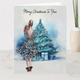 Vrolijke kerstvrouw en blauwe kerstboom kaart