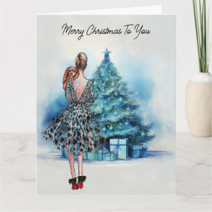 Vrolijke kerstvrouw en blauwe kerstboom kaart