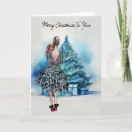 Vrolijke kerstvrouw en blauwe kerstboom kaart