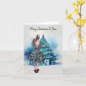 Vrolijke kerstvrouw en blauwe kerstboom kaart (Gele Bloem)