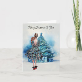 Vrolijke kerstvrouw en blauwe kerstboom kaart