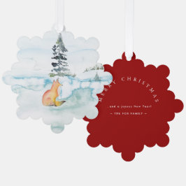 Vrolijke kerstwensen Waterverf Fox & Tree Ornament Kaart
