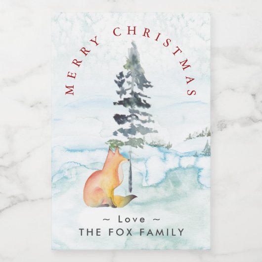 Vrolijke kerstwensen Waterverf Winter Fox Voedselcontainer Etiket (Enkel label)