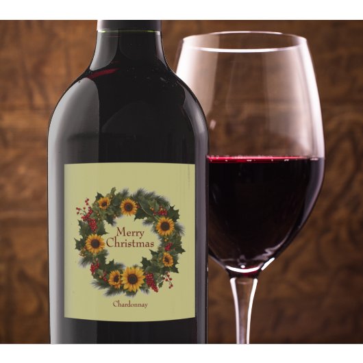 Vrolijke Kerstwijn Zonnebloem Krans Holly Joy Wijn Etiket