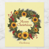 Vrolijke Kerstwijn Zonnebloem Krans Holly Joy Wijn Etiket (Enkel label)