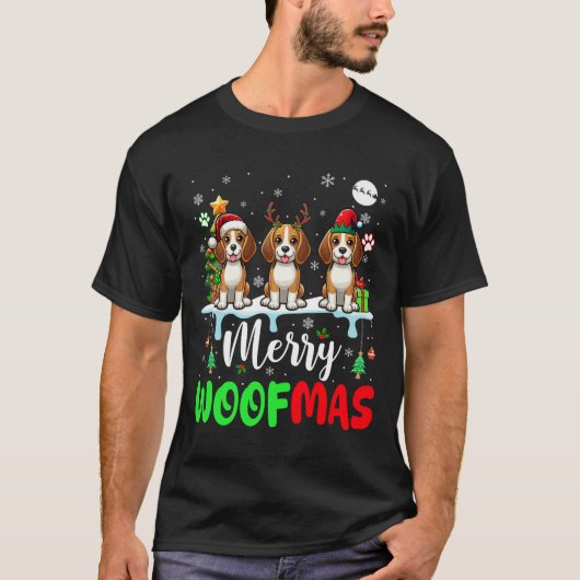 Vrolijke Kerstwolf Drie Kerstman Rendier Elf Beag T-shirt (Voorkant)