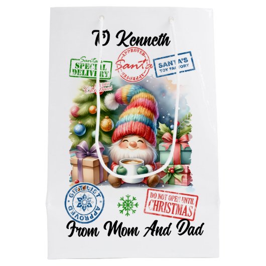 Vrolijke kerstzak gevuld met vakantie verrassingen medium cadeauzakje (Achterkant)