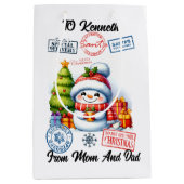 Vrolijke kerstzak met feestelijke vakantiesneeuwma medium cadeauzakje (Voorkant)