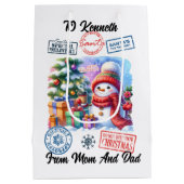 Vrolijke kerstzak met vakantiesneeuwman medium cadeauzakje (Achterkant)