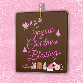 Vrolijke kerstzegeningen op roze bruin | keramisch ornament