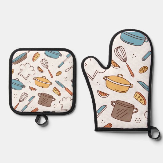 vrolijke keukendoedel ovenwant & pannenlap set (Voorkant)