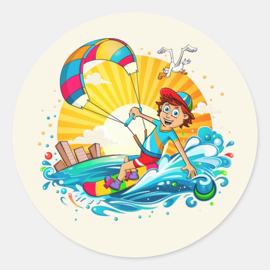 Vrolijke kite surfing illustratie.  ronde sticker (Voorkant)