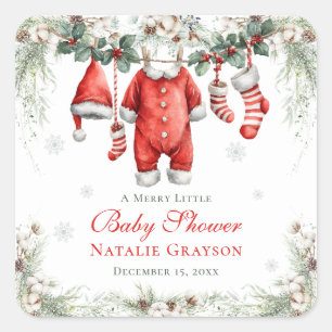 Vrolijke Kleine Baby Shower Kerstman Waslijn Vierkante Sticker