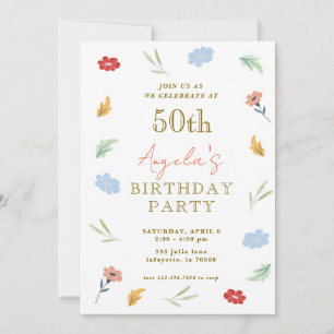 Vrolijke kleurrijke bloemen 50e verjaardag uitnodi kaart
