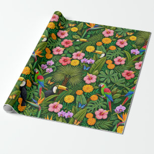 Vrolijke Kleurrijke Jungle Vogels Tropische Bloeme Cadeaupapier