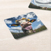 Vrolijke Koe in bloei Kartonnen Onderzetters (Schuin)