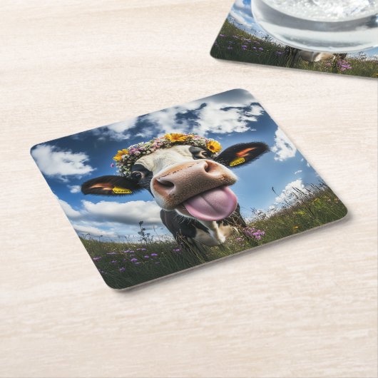 Vrolijke Koe in bloei Kartonnen Onderzetters (Schuin)