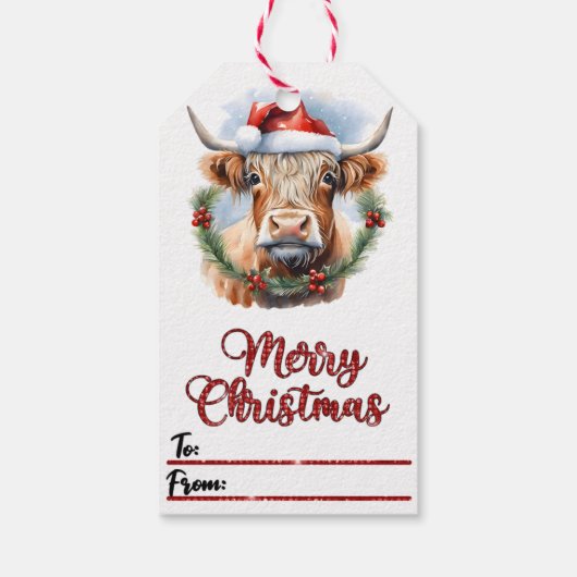 Vrolijke koe in pet Kerst label Cadeaulabel (Achterkant)