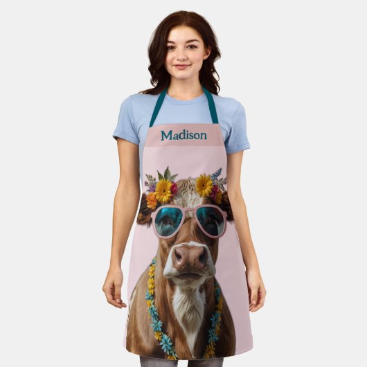 Vrolijke Koe met zonnebril Schort (Gedragen)