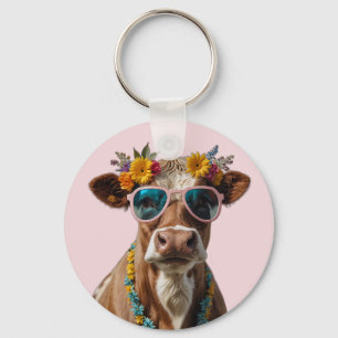 Vrolijke Koe met zonnebril Sleutelhanger