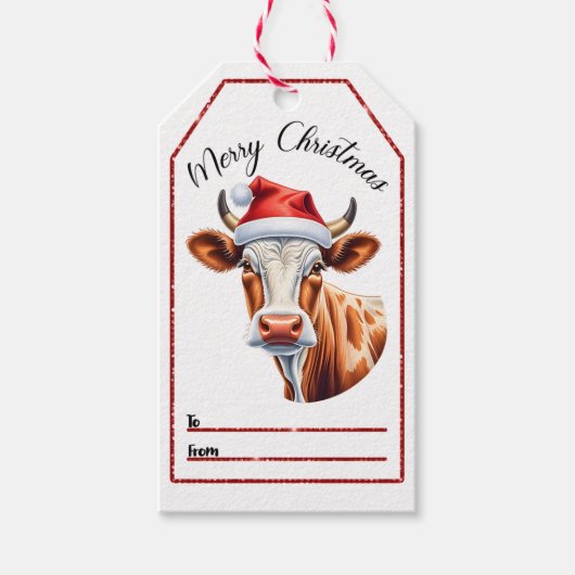 Vrolijke koe Santa hat labels Cadeaulabel (Voorkant)