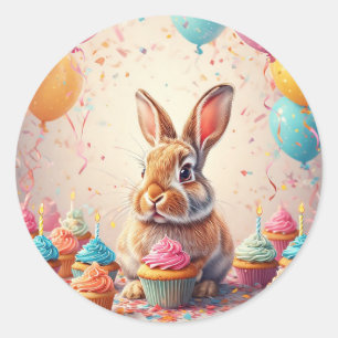 Vrolijke Konijn met Cupcakes 🎉 Schattige Viering Ronde Sticker