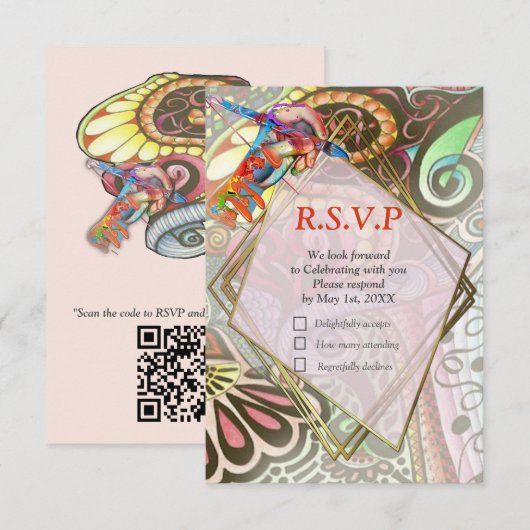 Vrolijke kunstenaar partij doedel creatie RSVP kaartje (Voorkant / Achterkant)