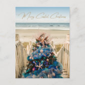 Vrolijke Kustkerst Tropische Strand en Boom Feestdagenkaart (Voorkant)