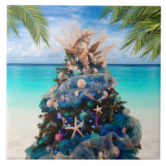 Vrolijke Kustkerst Tropische Strand HolidayTree Tegeltje (Voorkant)