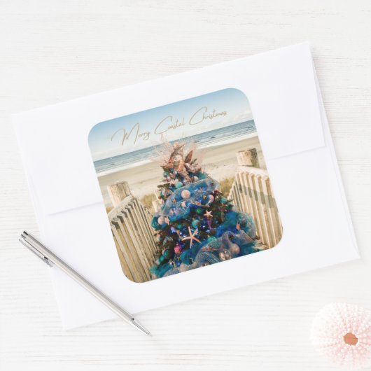 Vrolijke Kustkerst Tropische Strand HolidayTree Vierkante Sticker (Envelop)