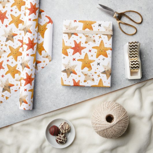 Vrolijke lachende rode en gele sterren Kinder Cadeaupapier (Crafts)