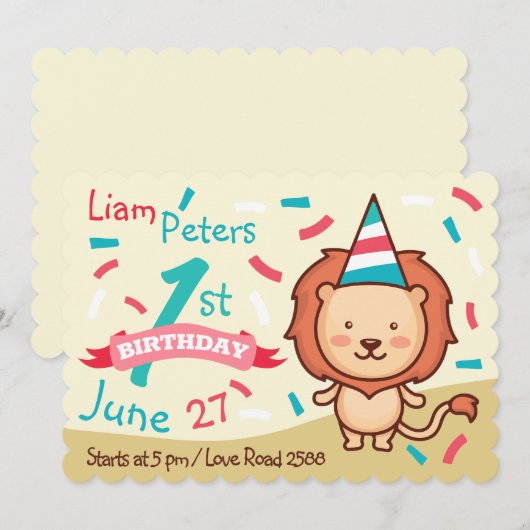 Vrolijke Leeuw Eerste Verjaardag Uitnodiging (Voorkant / Achterkant)