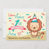 Vrolijke Leeuw Eerste Verjaardag Uitnodiging (Voorkant)