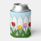Vrolijke lentetulpen & witte piket hek blikjeskoeler (Blikje Voorkant)