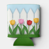 Vrolijke lentetulpen & witte piket hek blikjeskoeler (Achterkant)