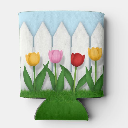 Vrolijke lentetulpen & witte piket hek blikjeskoeler (Achterkant)