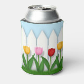Vrolijke lentetulpen & witte piket hek blikjeskoeler (Blikje Achterkant)