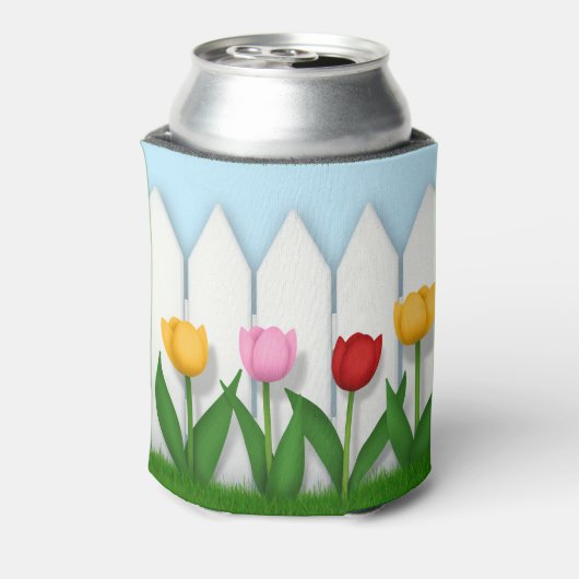 Vrolijke lentetulpen & witte piket hek blikjeskoeler (Blikje Achterkant)