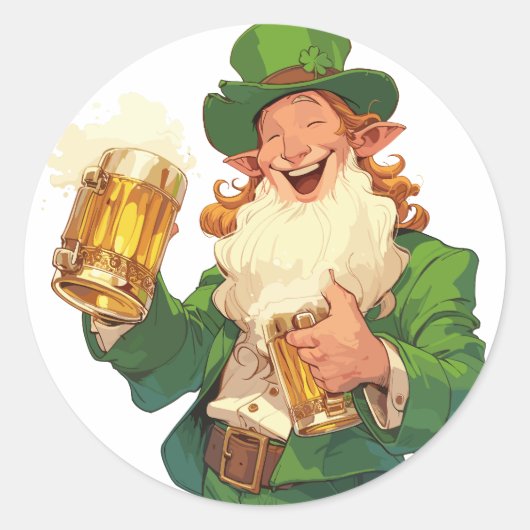Vrolijke Leprechaun Toasting Bier Ronde Sticker (Voorkant)