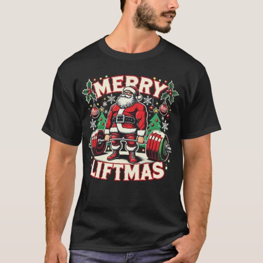 Vrolijke Liftmas Santa Christmas Gym T-shirt (Voorkant)